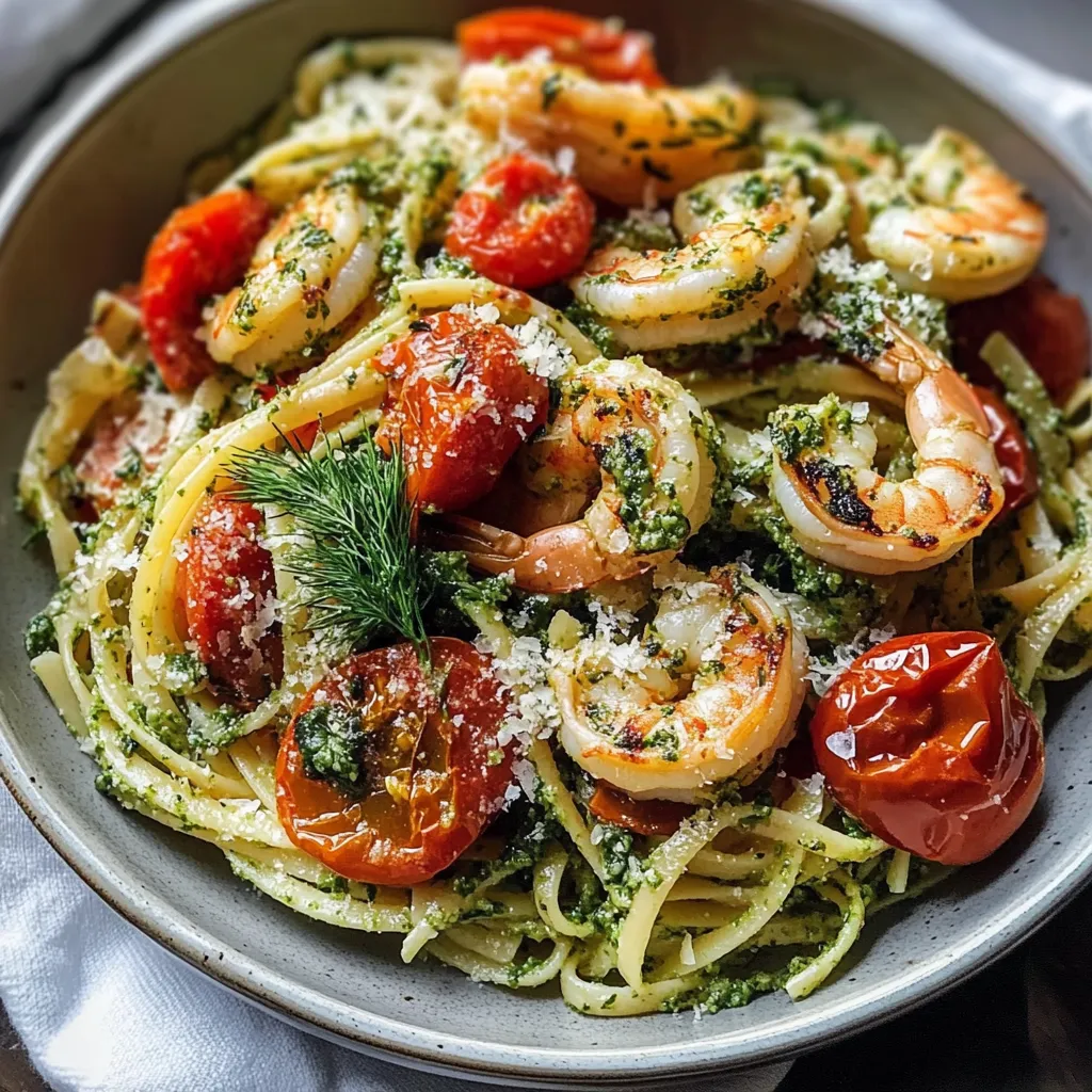 A bowl of pasta with tomatoes and shrimp.