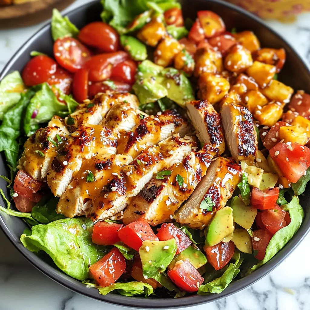 A bowl of food with chicken, tomatoes, lettuce, and avocado.
