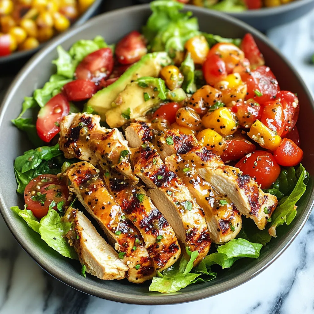 A bowl of food with chicken, tomatoes, lettuce, and avocado.