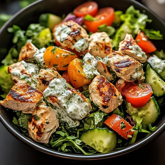 A bowl of salad with chicken, tomatoes, cucumbers, and lettuce.