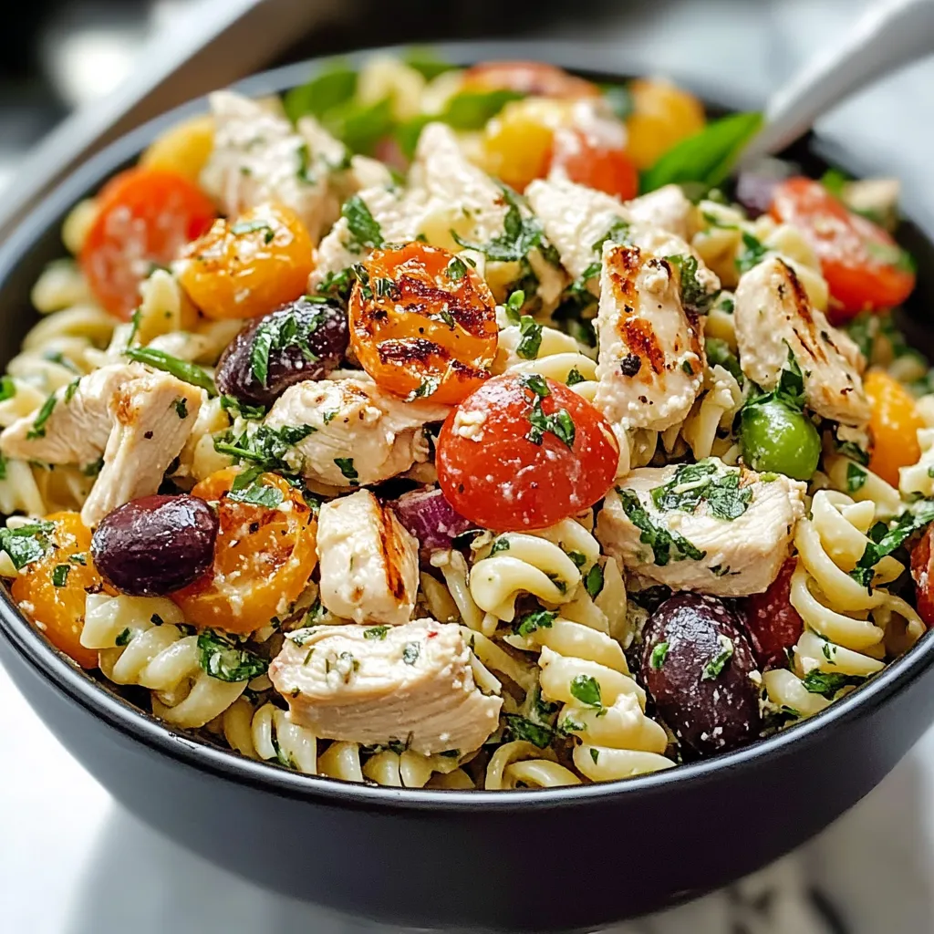 A bowl of pasta with chicken and tomatoes.