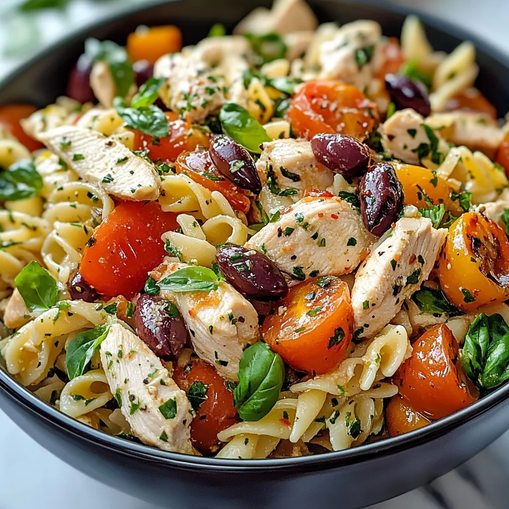 A bowl of pasta with chicken, tomatoes, and olives.