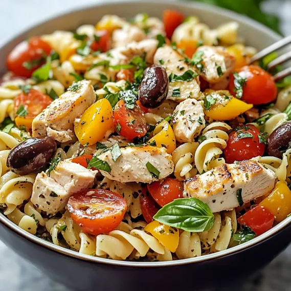 A bowl of pasta with chicken and tomatoes.