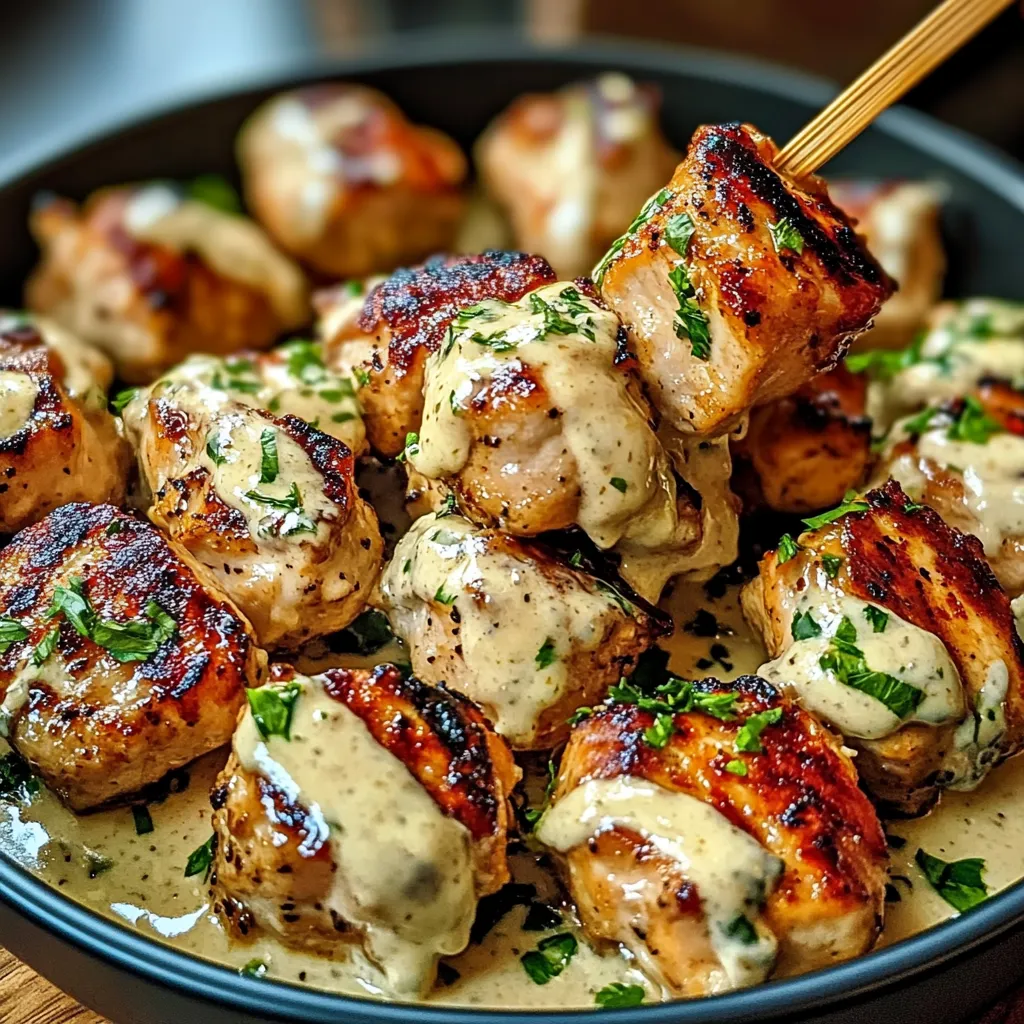 A bowl of chicken skewers with sauce.