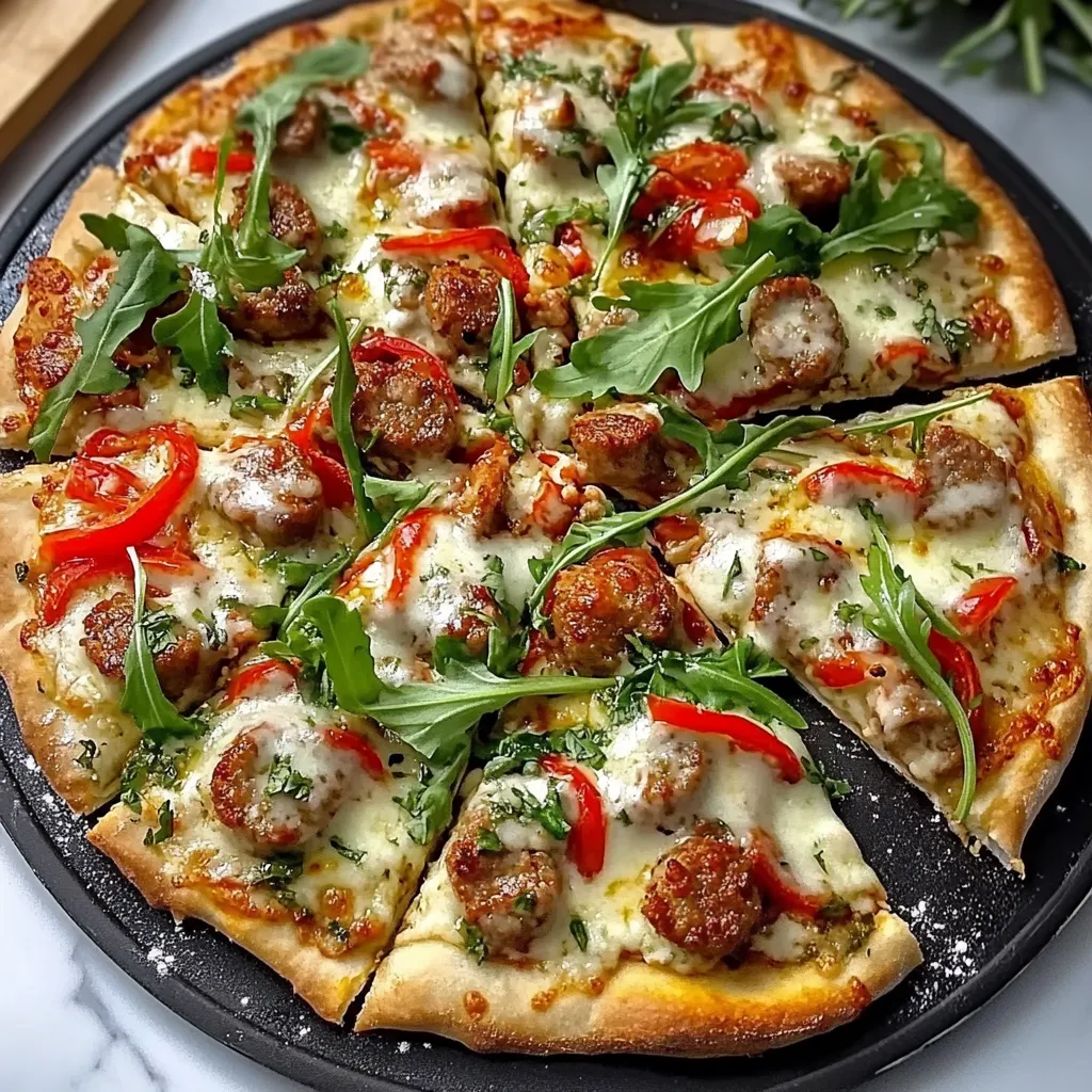 A pizza with meat and vegetables on it.