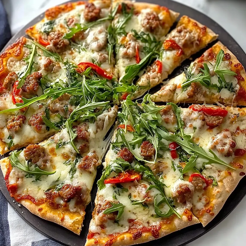 A pizza with green toppings on a black plate.