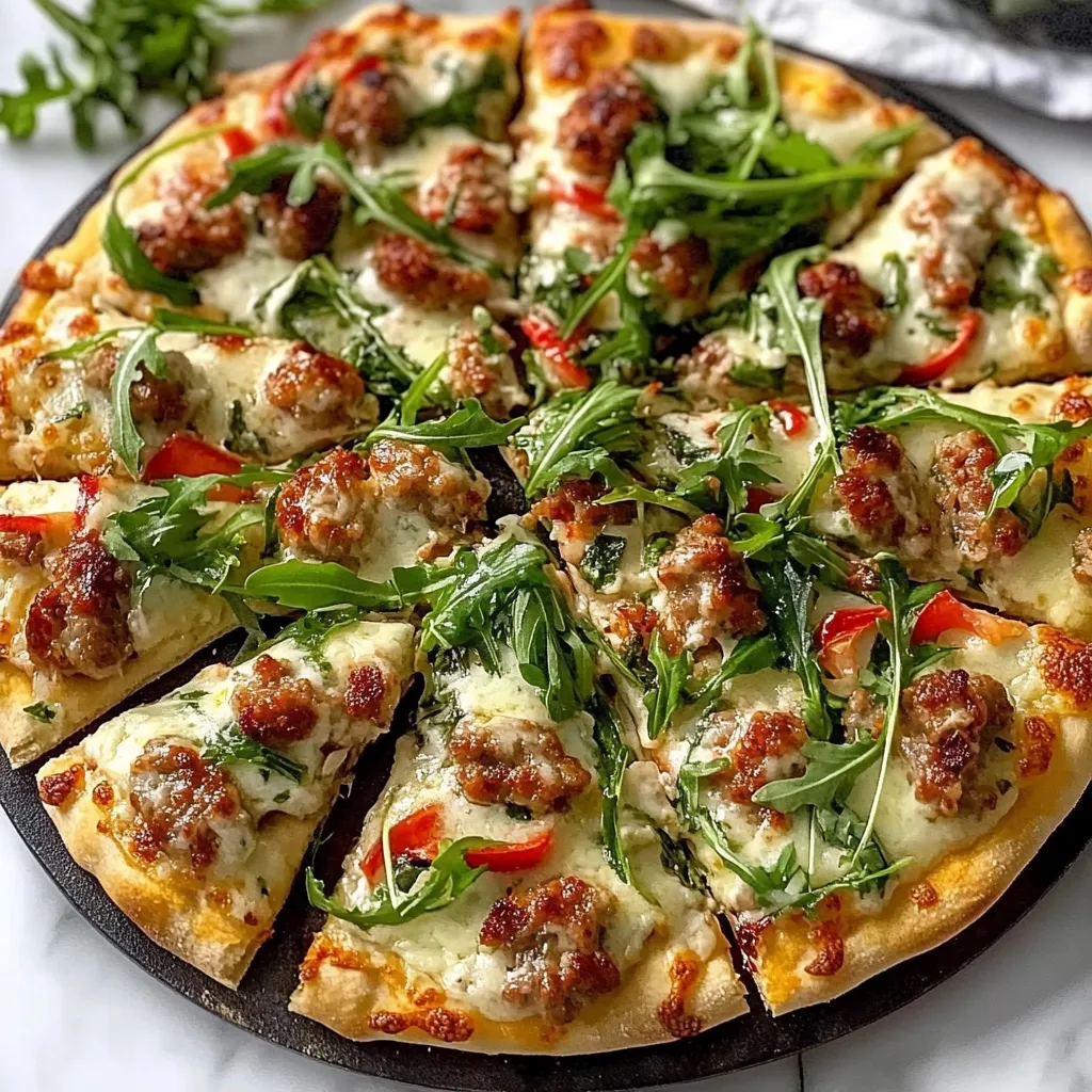 A pizza with meat and vegetables on it.