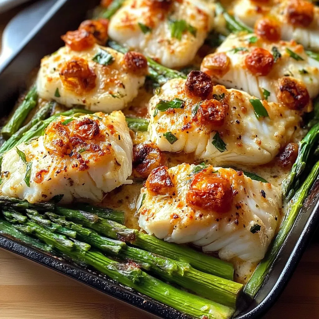 A pan of food with fish and asparagus.