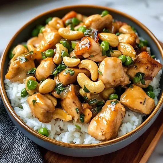 A bowl of chicken and peas.