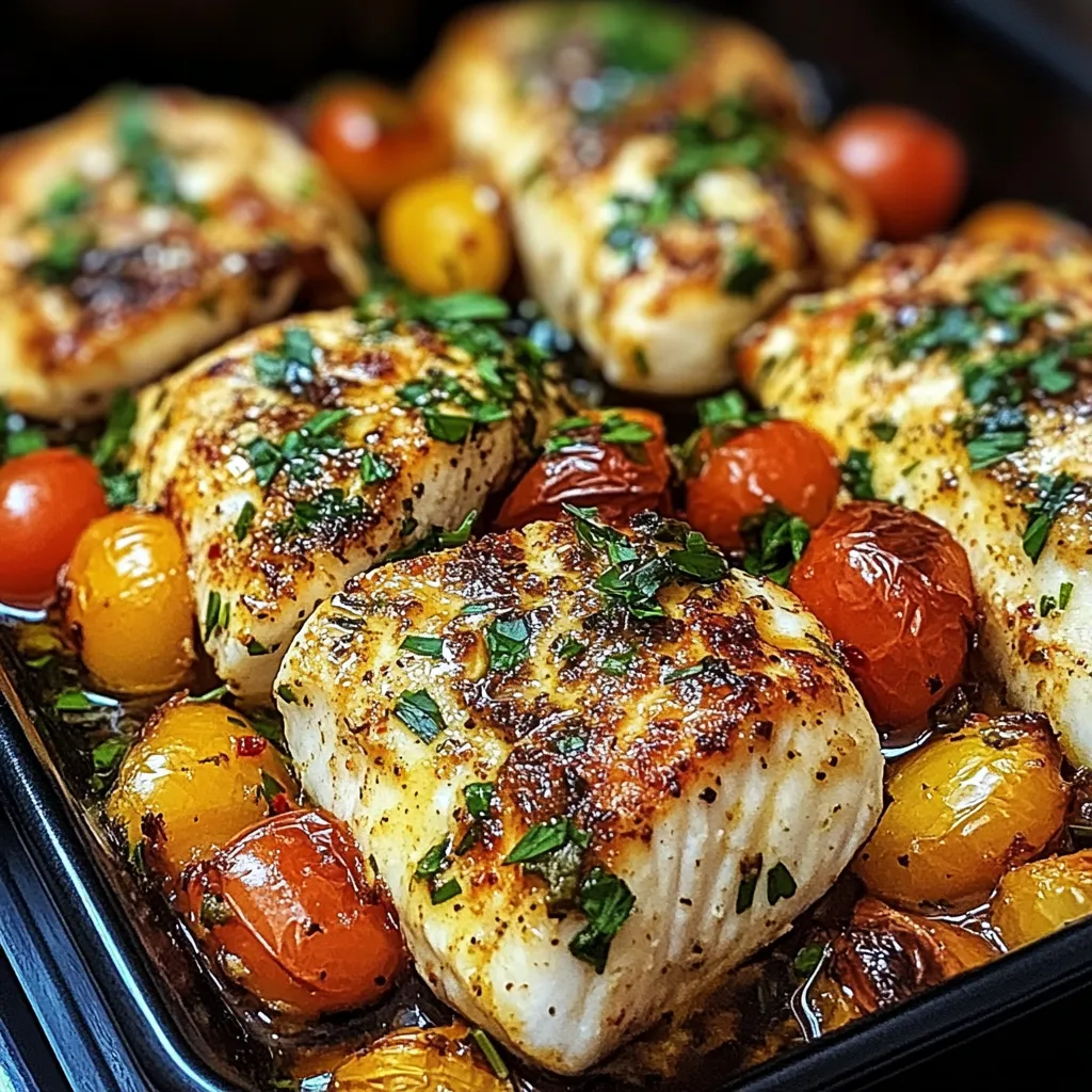 A pan of food with tomatoes and herbs.
