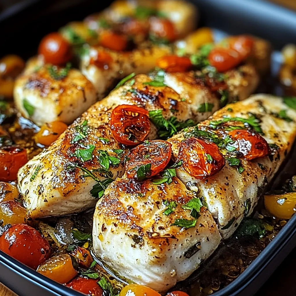 A pan of fish with tomatoes and herbs.