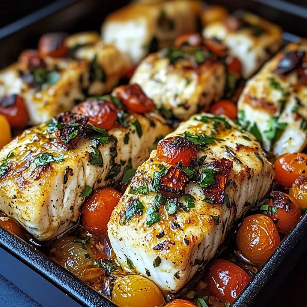 A pan of fish with tomatoes and herbs.