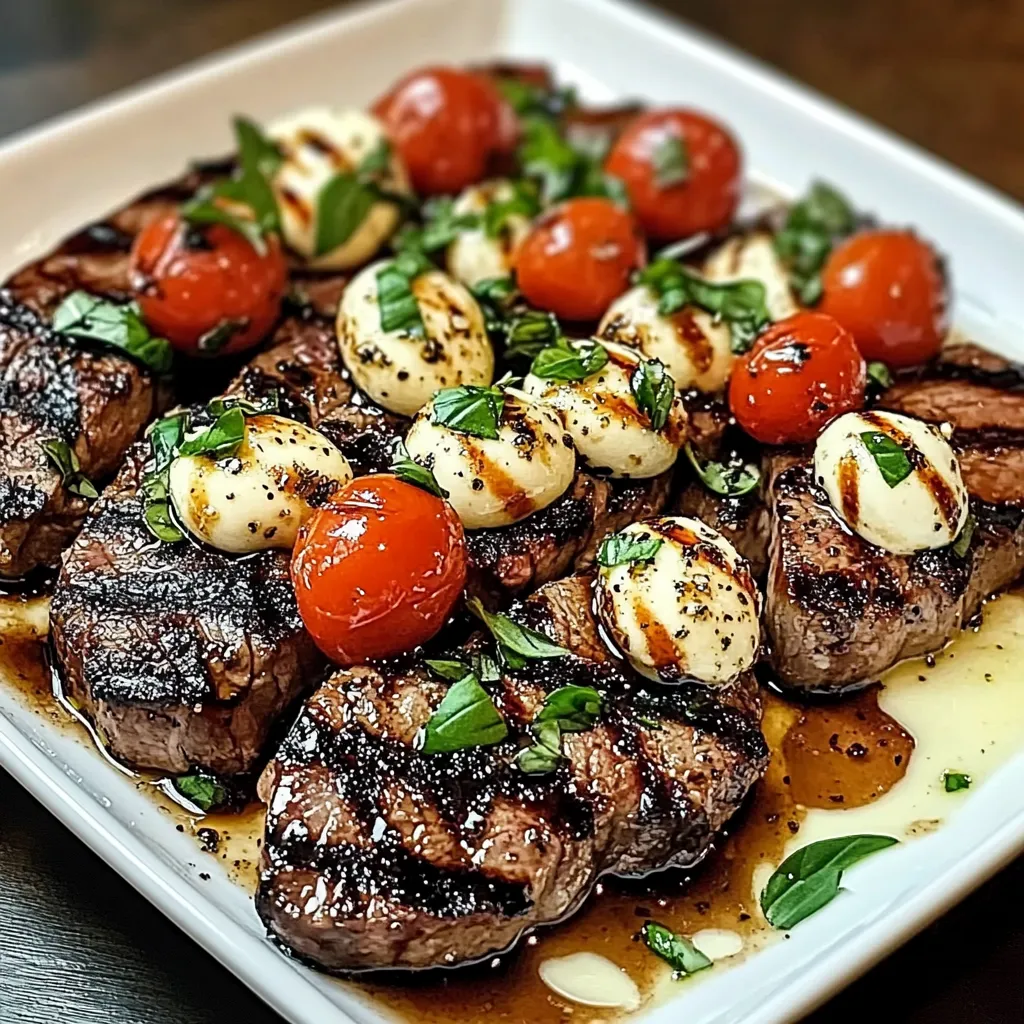 A plate of grilled steak with tomatoes and cheese.