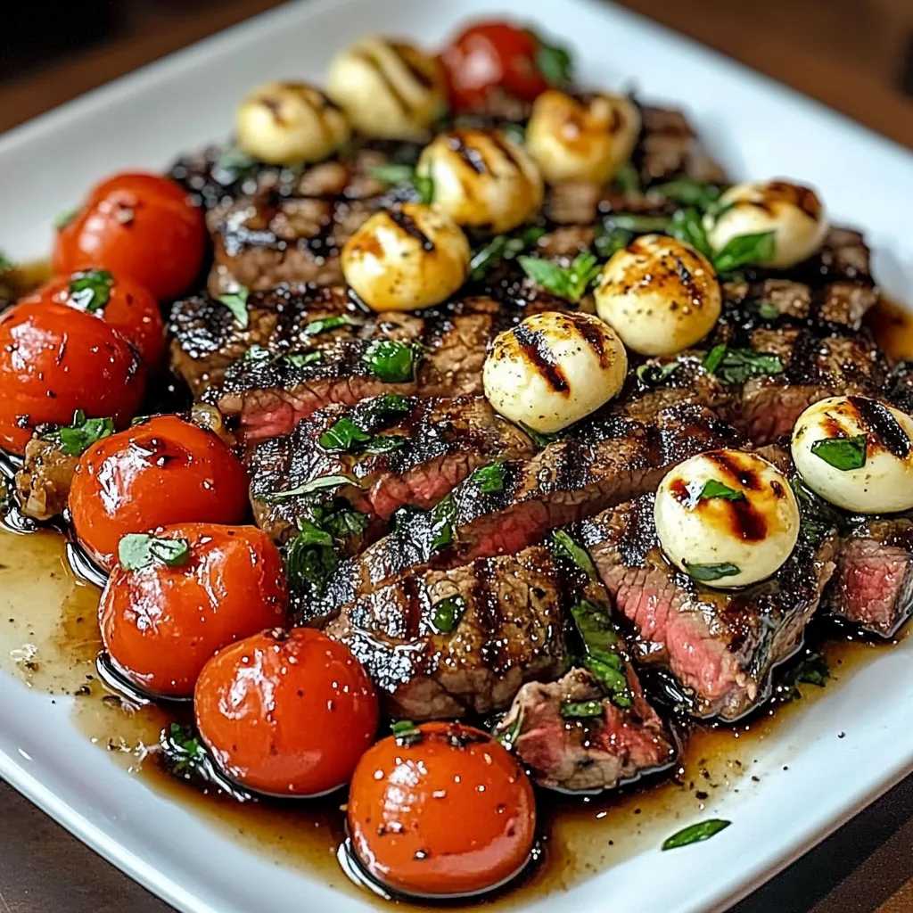 A plate of grilled steak with tomatoes and capers.