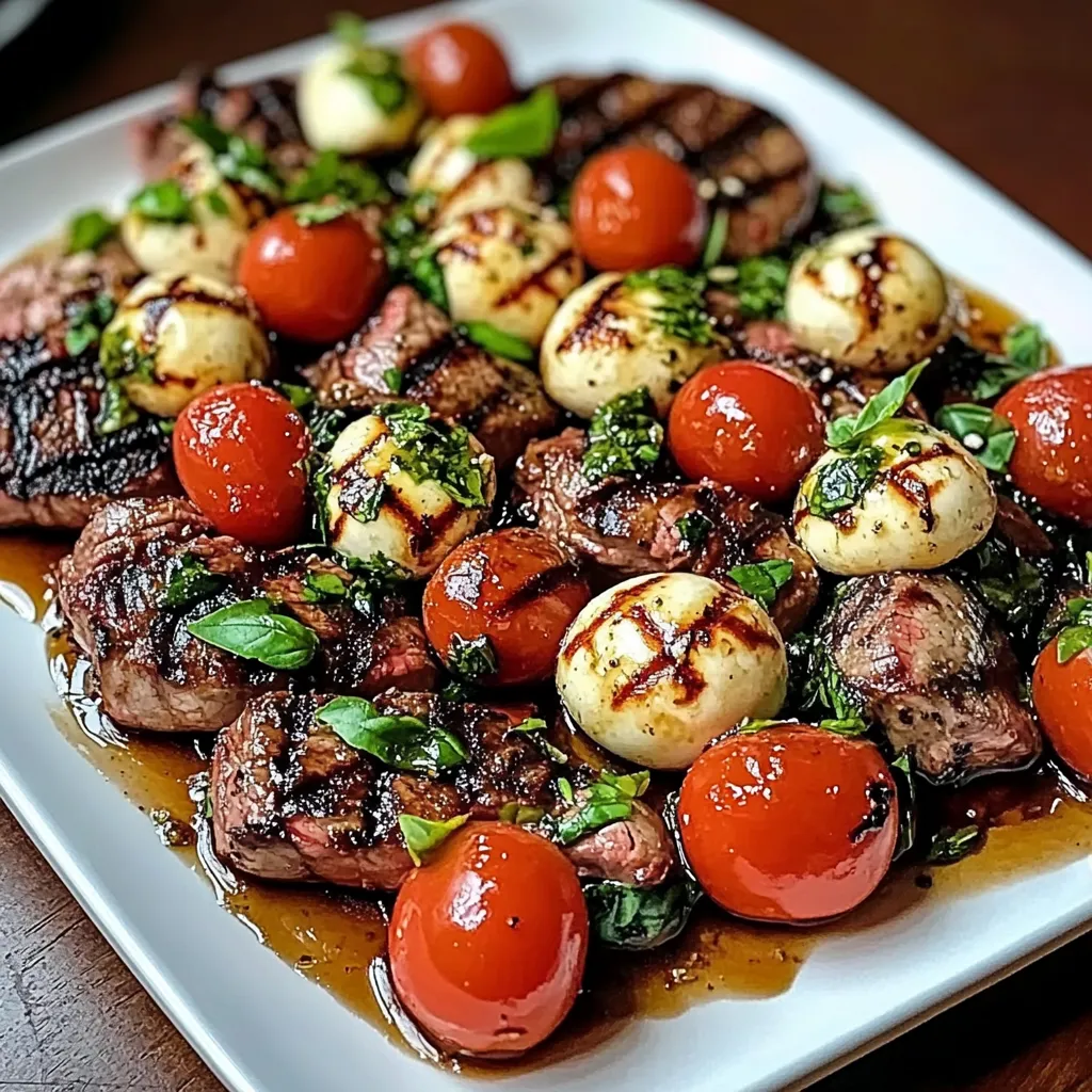 A plate of grilled steak with tomatoes and herbs.