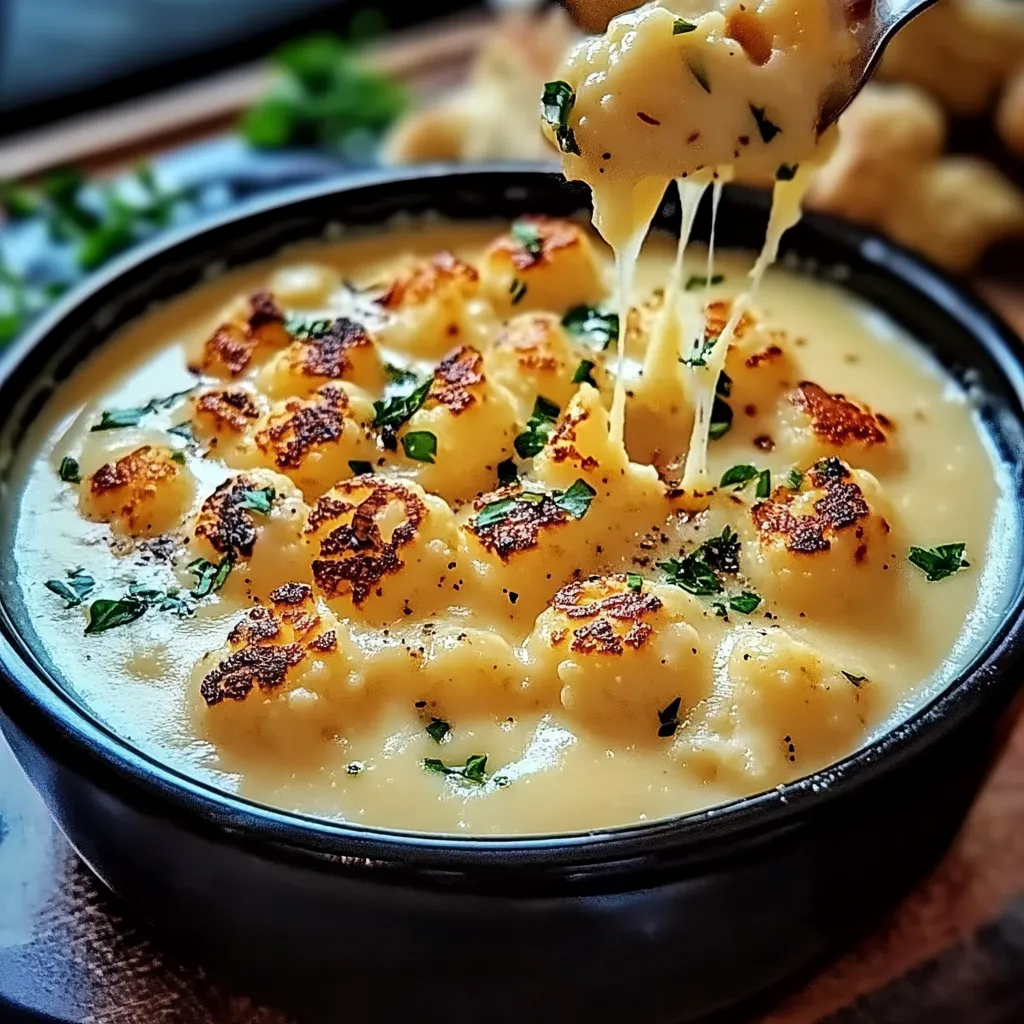 A bowl of cheddar cauliflower soup with roasted garlic.