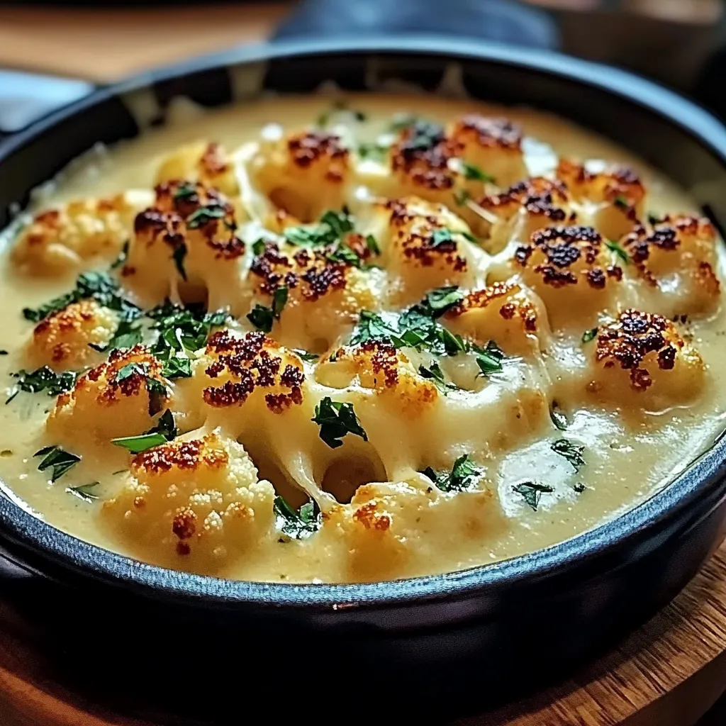 A bowl of cauliflower soup with roasted garlic.