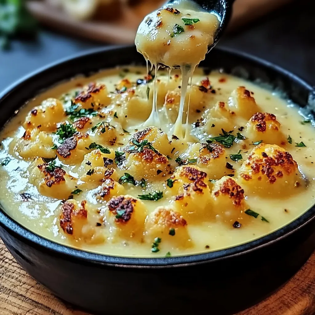 A bowl of cheddar cauliflower soup with roasted garlic.