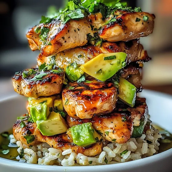 A stack of chicken and avocado on rice.