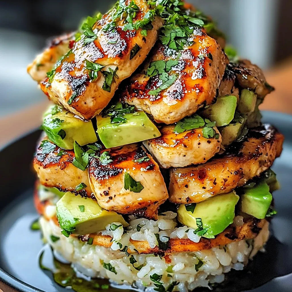 A stack of chicken and avocado rice.
