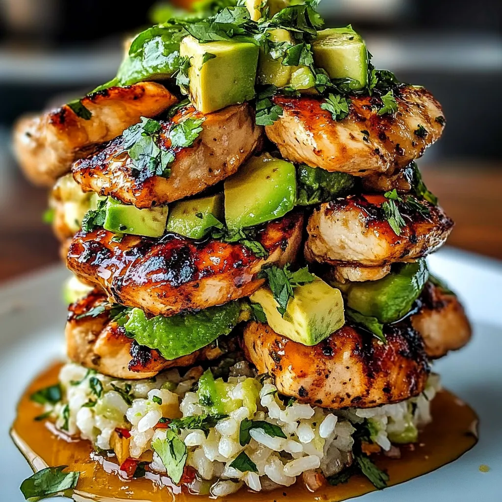 A stack of chicken and avocado on rice.