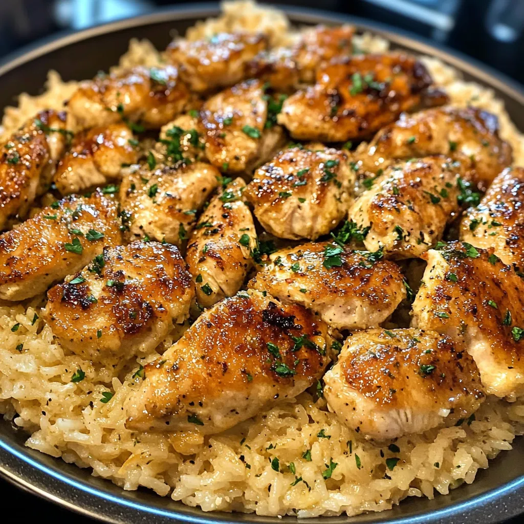 A plate of rice with chicken on top.