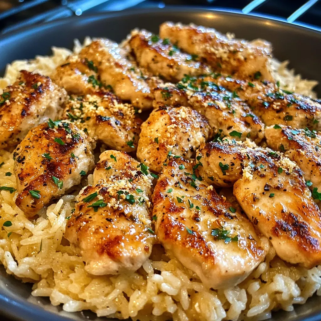 A bowl of rice with chicken on top.