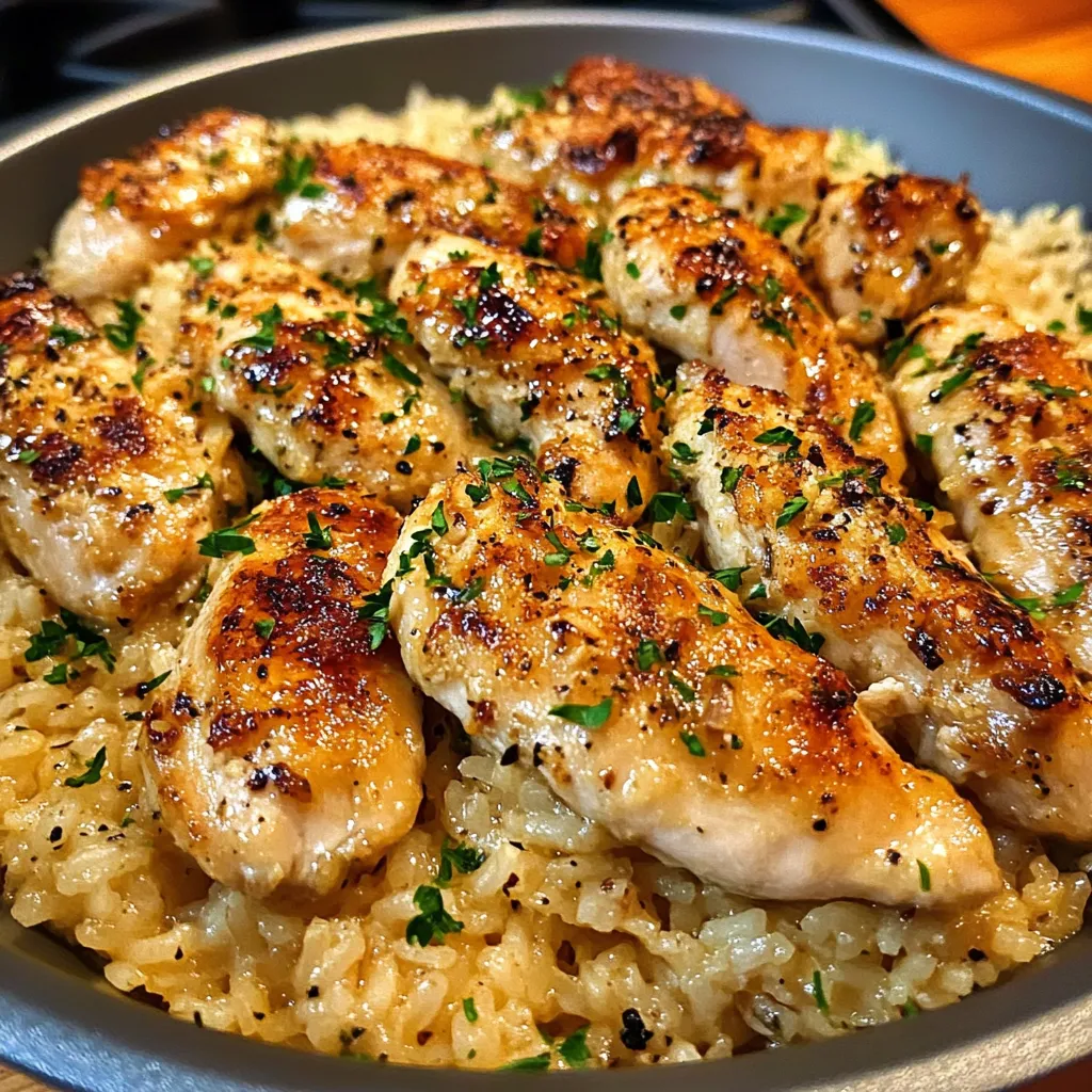 A bowl of rice with chicken on top.