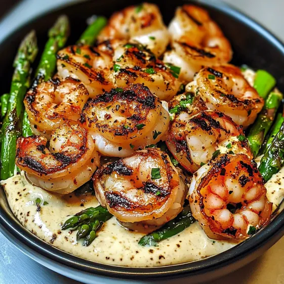 A bowl of shrimp, asparagus, and garlic sauce.