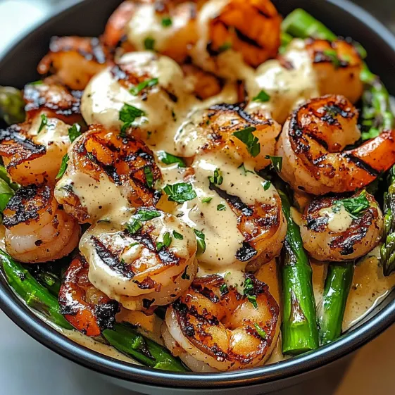 A bowl of grilled shrimp with asparagus and a creamy garlic sauce.