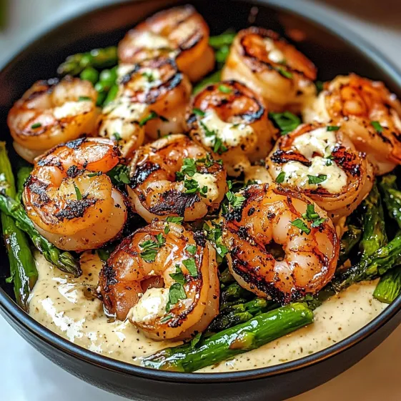 A bowl of grilled shrimp with asparagus and creamy garlic sauce.