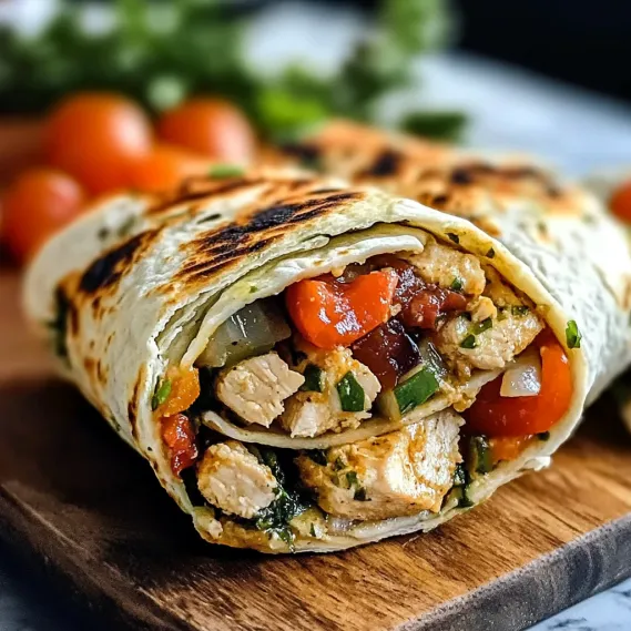 A wrap filled with chicken and vegetables.