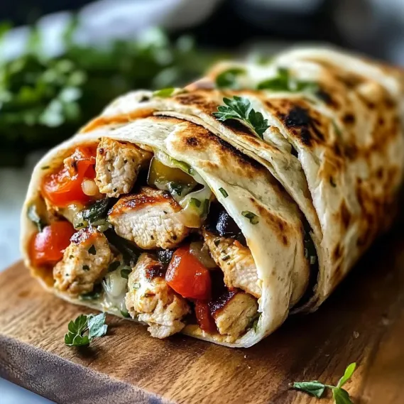 A Mediterranean chicken wrap on a wooden table.
