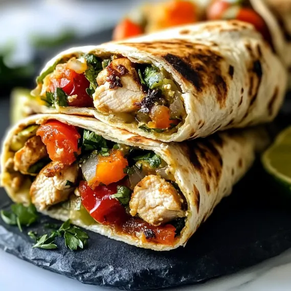 A wrap filled with chicken and vegetables.