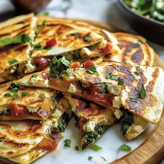 A plate of Mediterranean quesadillas with spinach, feta, mozzarella, and red onion.