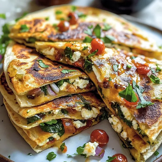 A plate of Mediterranean quesadillas with spinach, feta, mozzarella, and red onion.