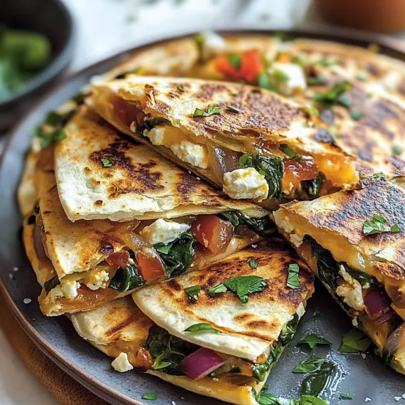 A plate of Mediterranean quesadillas with spinach, feta, mozzarella, and red onion.
