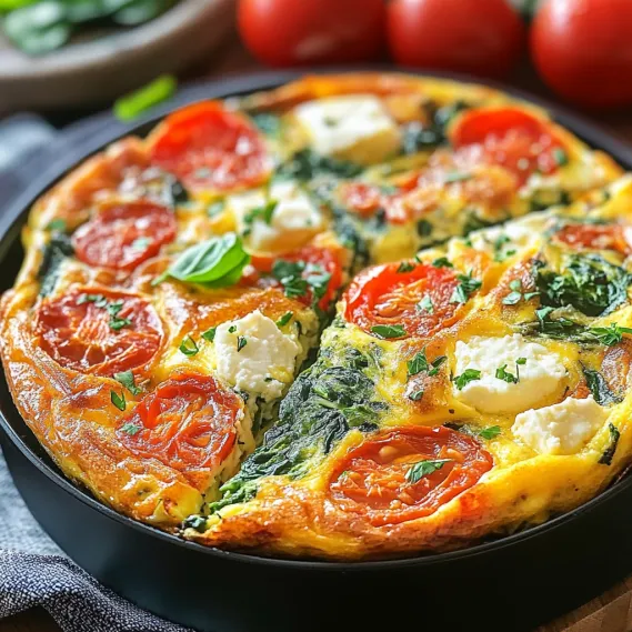 A frittata with tomatoes and spinach.