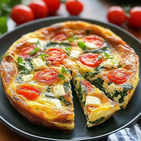 A slice of a Mediterranean Spinach, Tomato & Feta Frittata.
