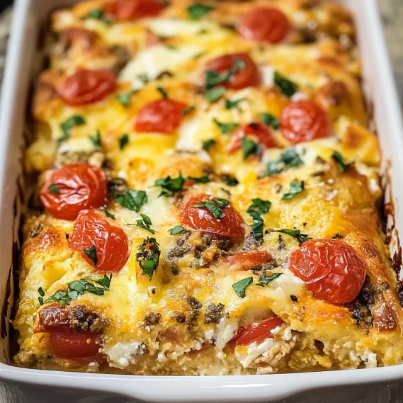 A casserole with tomatoes and cheese.