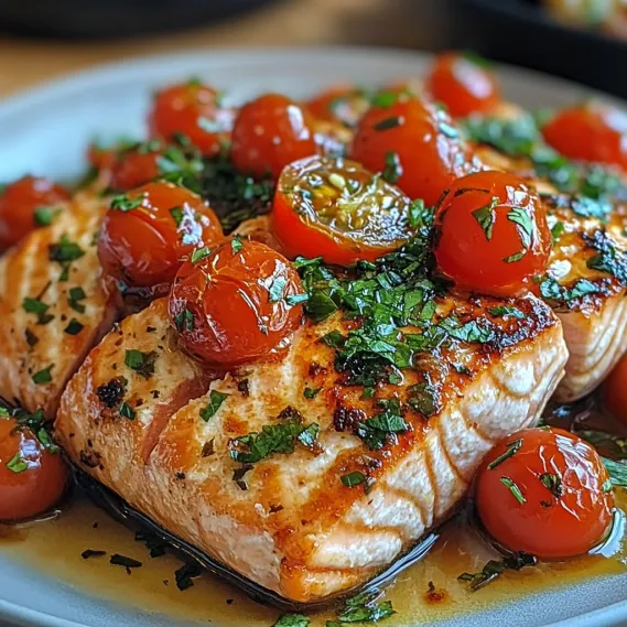 A piece of salmon with tomatoes and herbs.