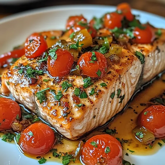 A piece of grilled salmon with tomatoes and herbs.
