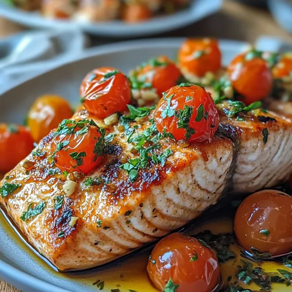 A plate of Mediterranean Salmon with tomatoes and herbs.