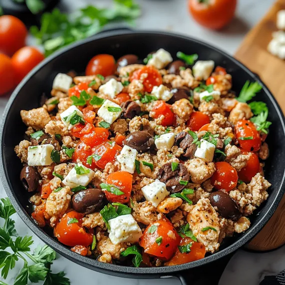 A skillet filled with ground chicken, olives, and feta cheese.