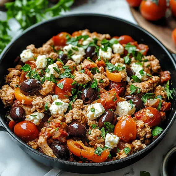 A skillet of Mediterranean keto ground chicken with olives and feta.