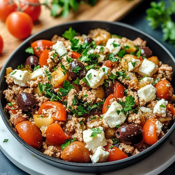 A skillet full of Mediterranean food.