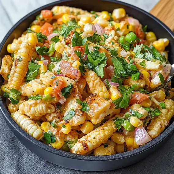 A bowl of Mexican street corn salad.