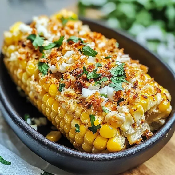 A bowl of corn with cheese and chives.