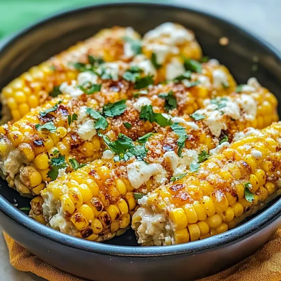 A bowl of corn with cheese and herbs.