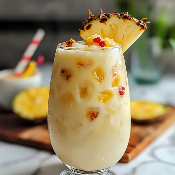A glass of virgin piña colada with a pineapple wedge on top.